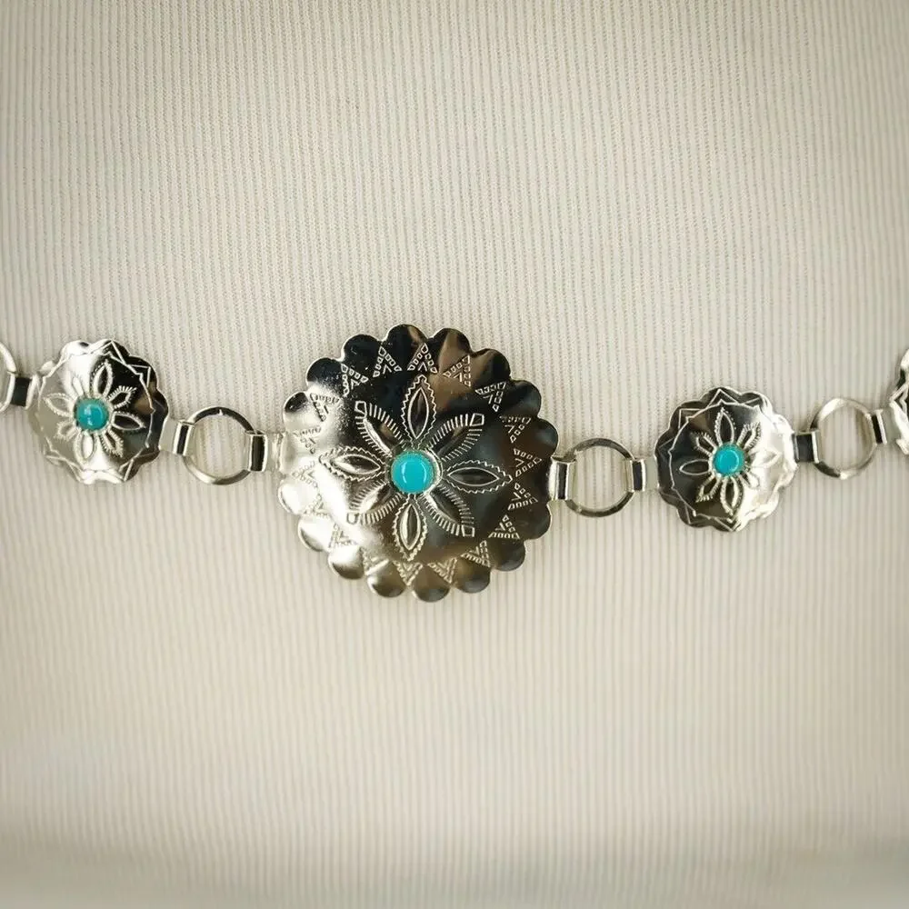 Silver Tone Carved Etched Metal Turquoise Cabochon Chain Southwest Style Belt